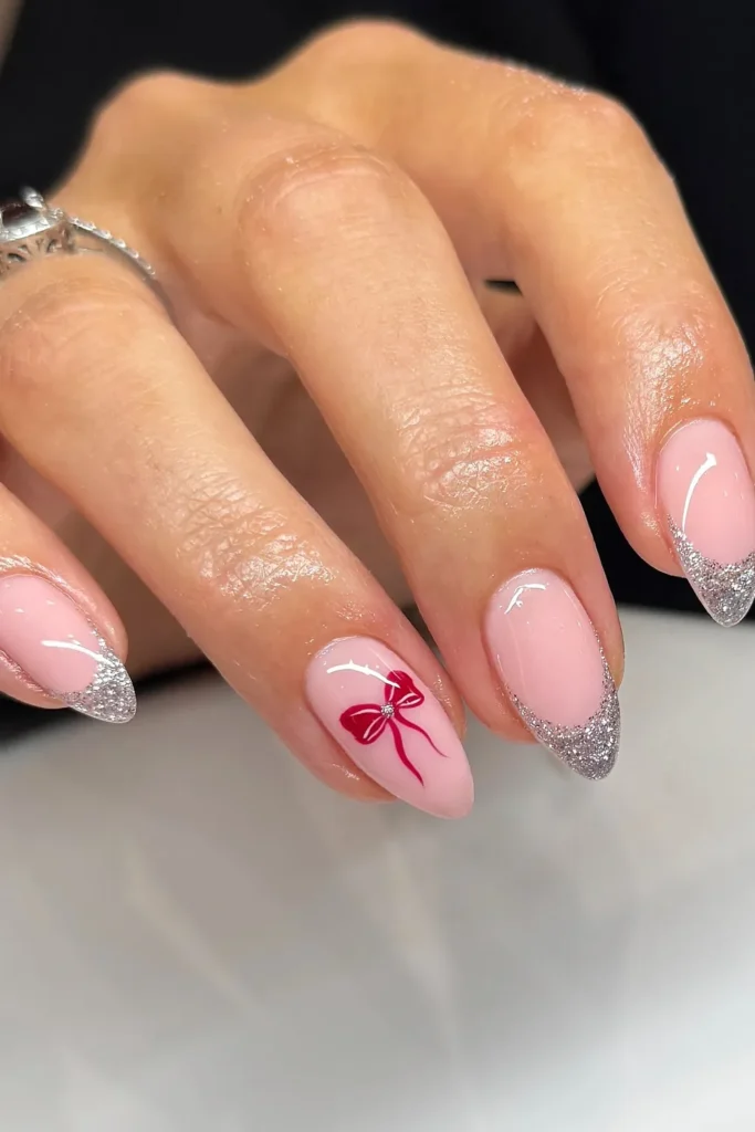 Silver Glitter French Tips With One Red Bow