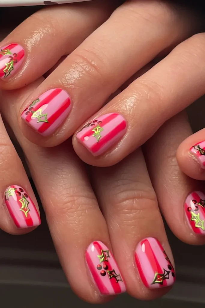 Pink and Red Stripes With Gold Foil Holly