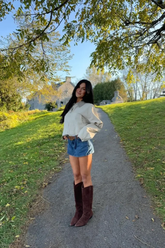 Cream Cropped Jacket, Denim Skirt, and Suede Western Boots