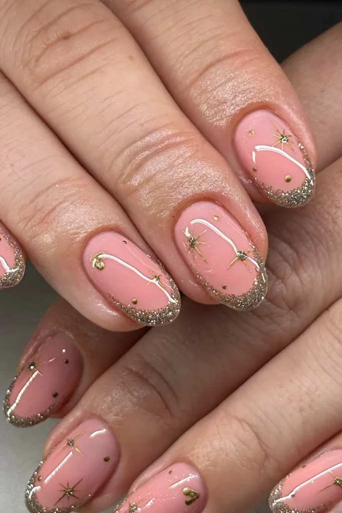Peach Pink Nails With Gold Glitter Edges and Starbursts