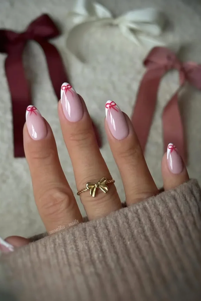 White French Tips With Tiny Red Bows