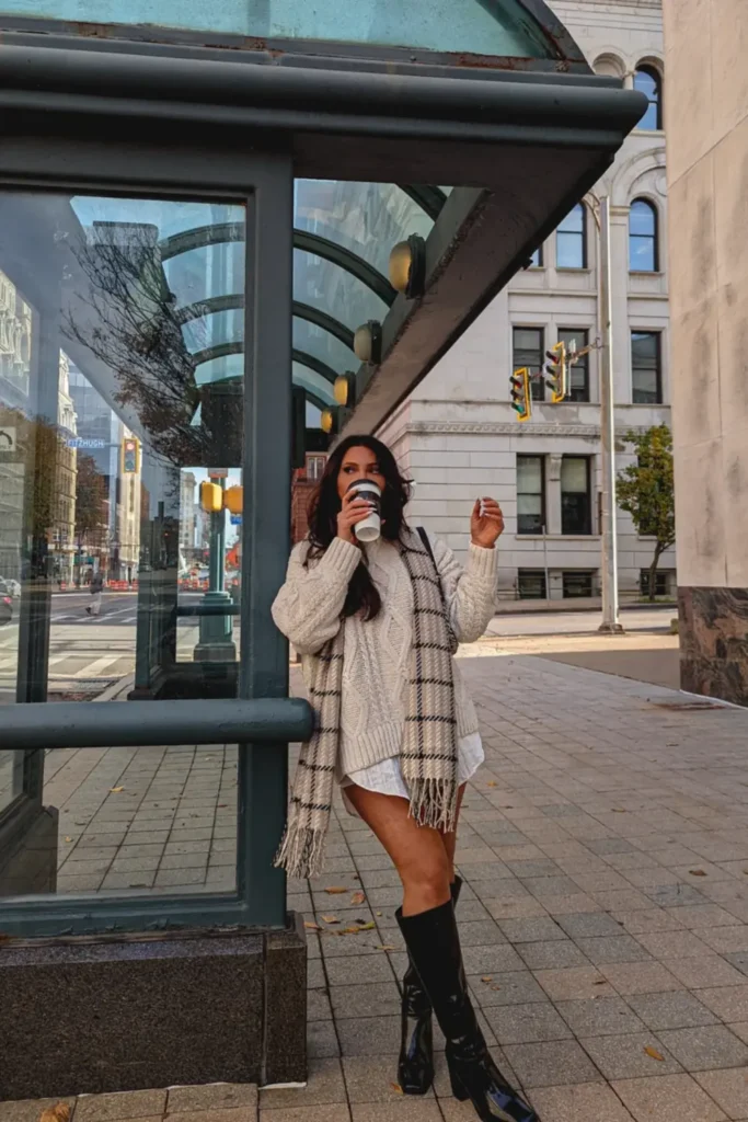 Oversized Cable Knit, Plaid Scarf, and Patent Boots