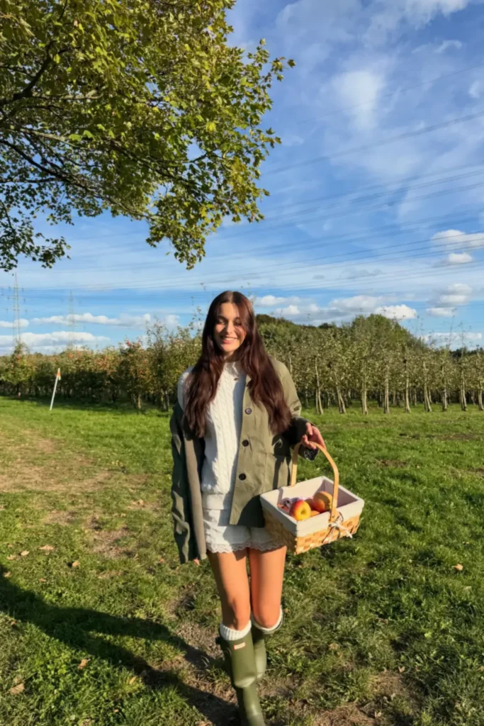 Barn Jacket, Cable Sweater, and Green Rain Boots