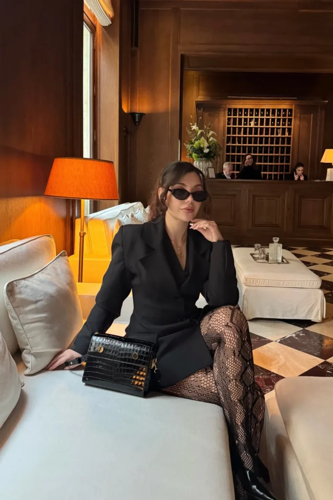 Black Blazer Dress With Patterned Tights