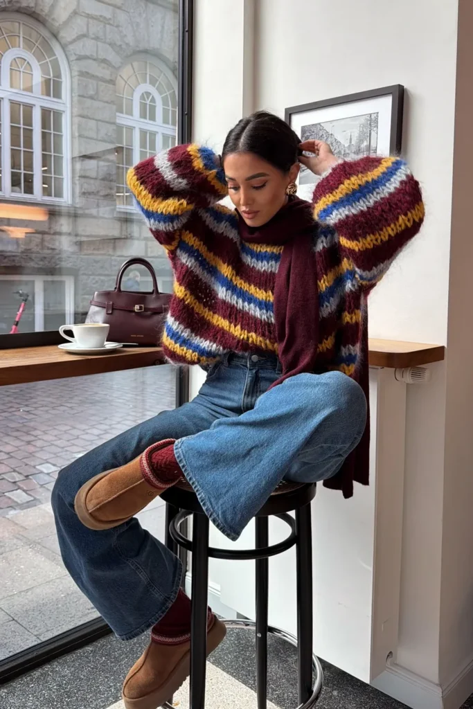 Striped Mohair Sweater and Wide Leg Jeans