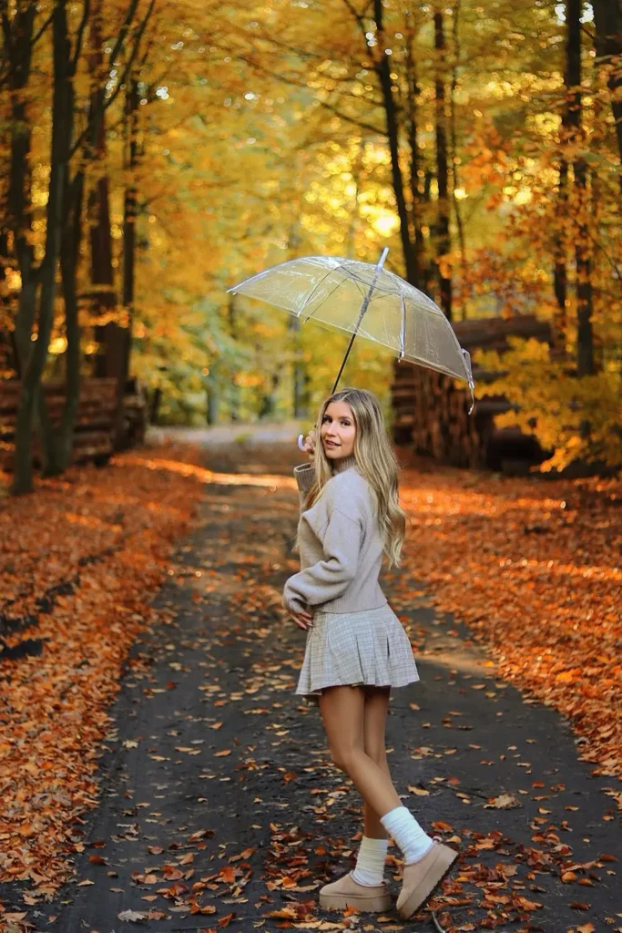 Cropped Sweater, Plaid Skirt, and Platform Slippers in the Rain