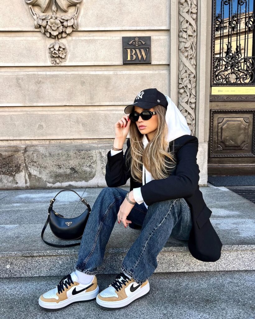 Black Blazer With Hoodie and Straight-Leg Jeans