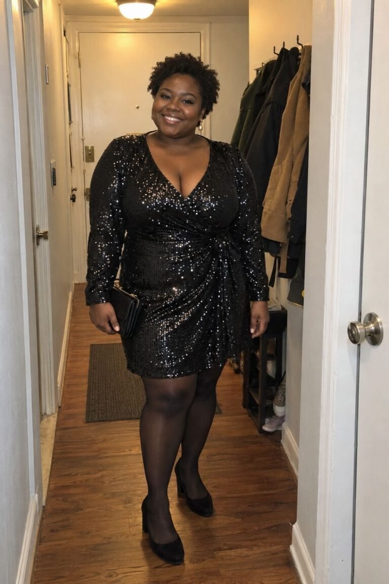 Black Sequin Wrap Dress with Sheer Tights