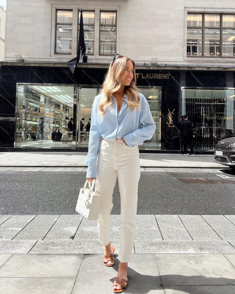 Blue Button-Down With White Straight-Leg Jeans