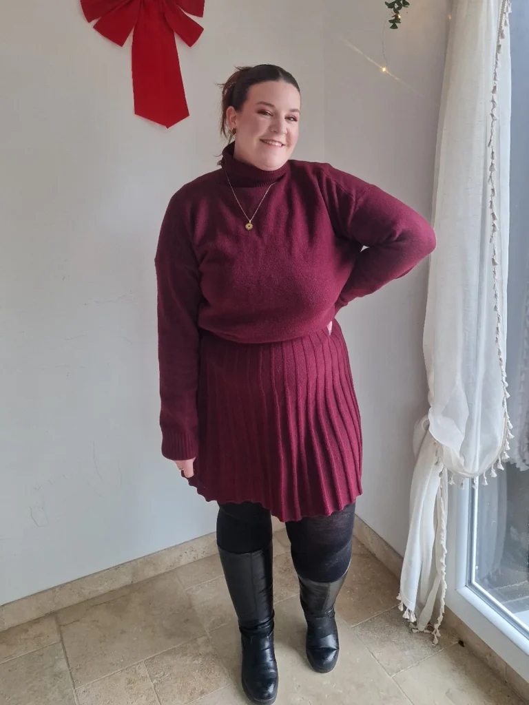 Burgundy Knit Set With Black Tights and Tall Boots