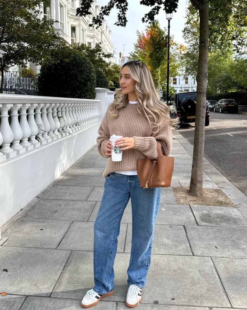 Camel Knit With Relaxed Jeans and Sneakers