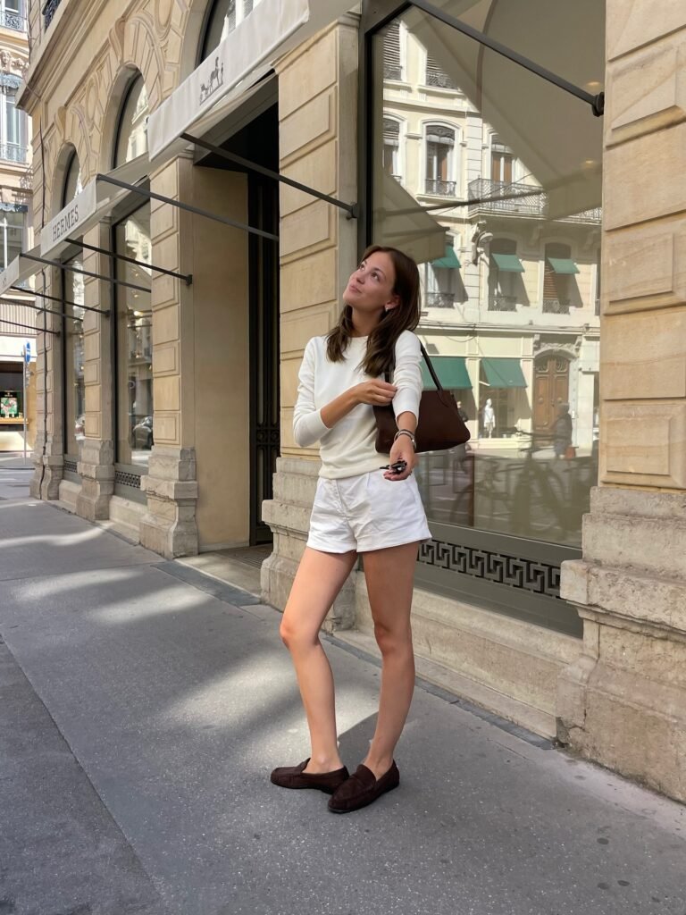 Cream Sweatshirt With White Shorts and Brown L