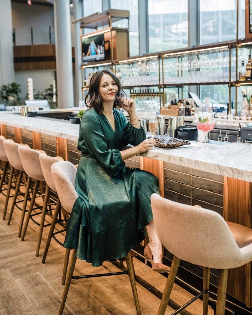 Emerald Satin Midi Dress With Nude Heels