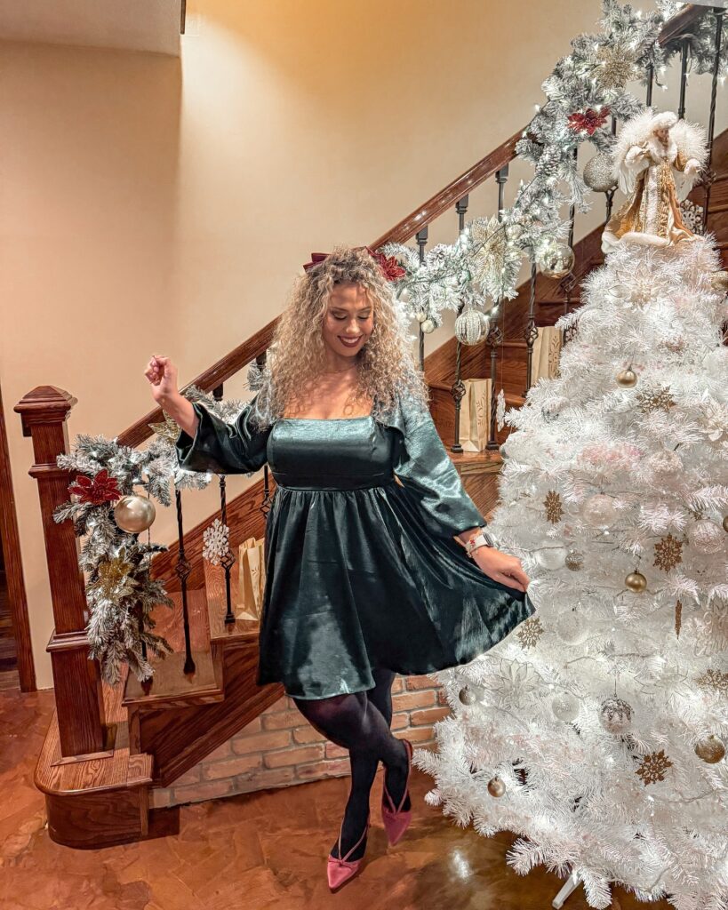 Emerald Satin Mini Dress With Burgundy Heels