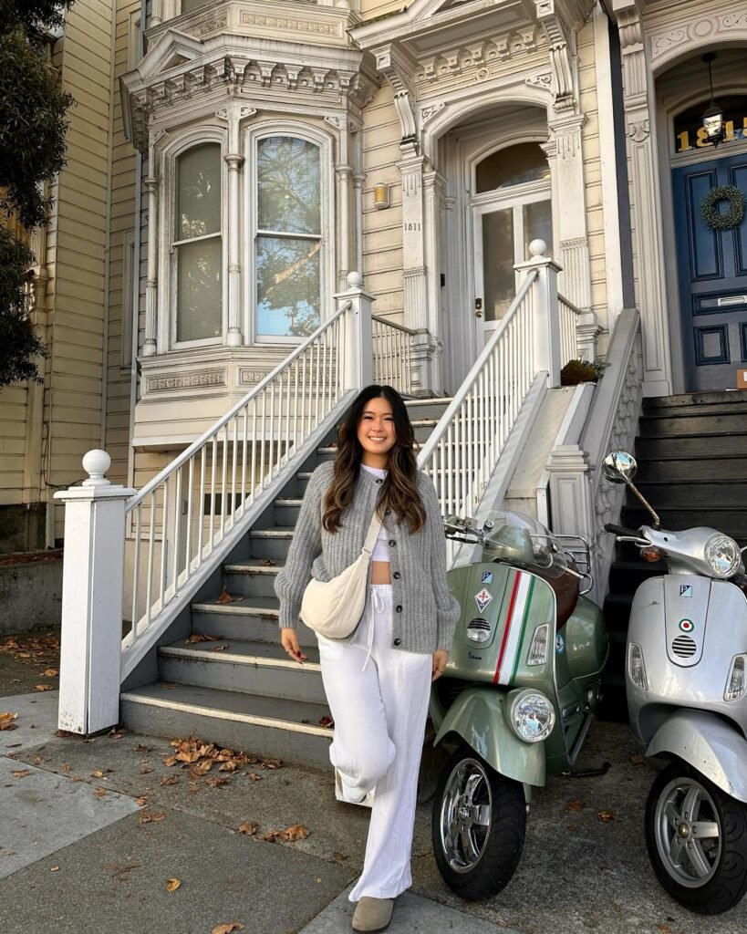 Grey Cardigan With White Drawstring Trousers
