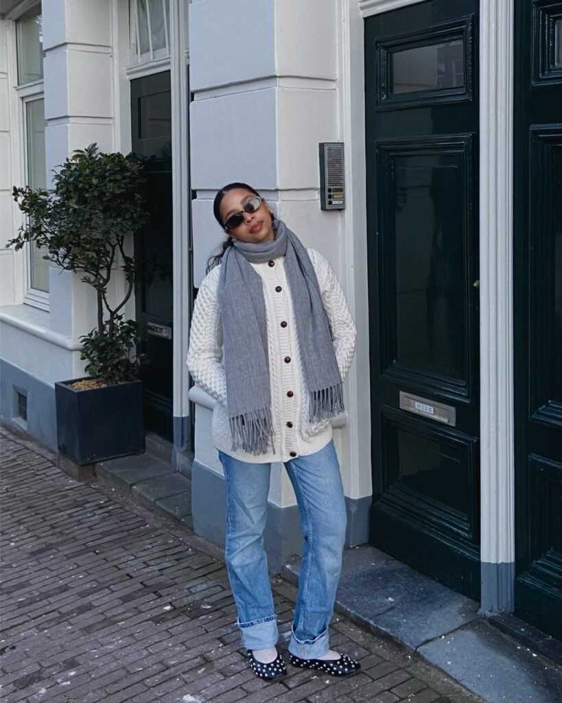 Grey Zip Hoodie and Wide-Leg Joggers With a Knit Over the Shoulders