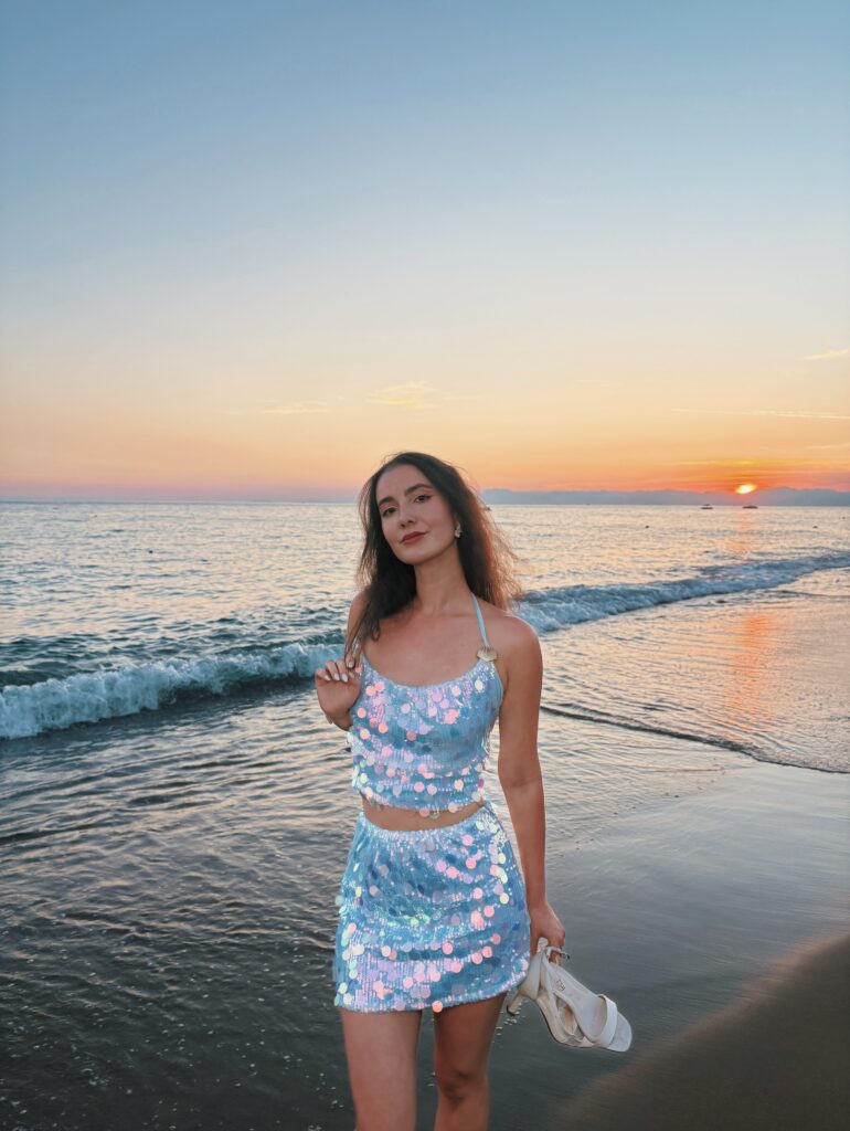 Iridescent Blue Sequin Set for a Sunset Countdown