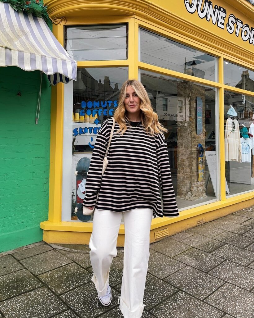 Oversized Striped Top With White Wide-Leg Trousers