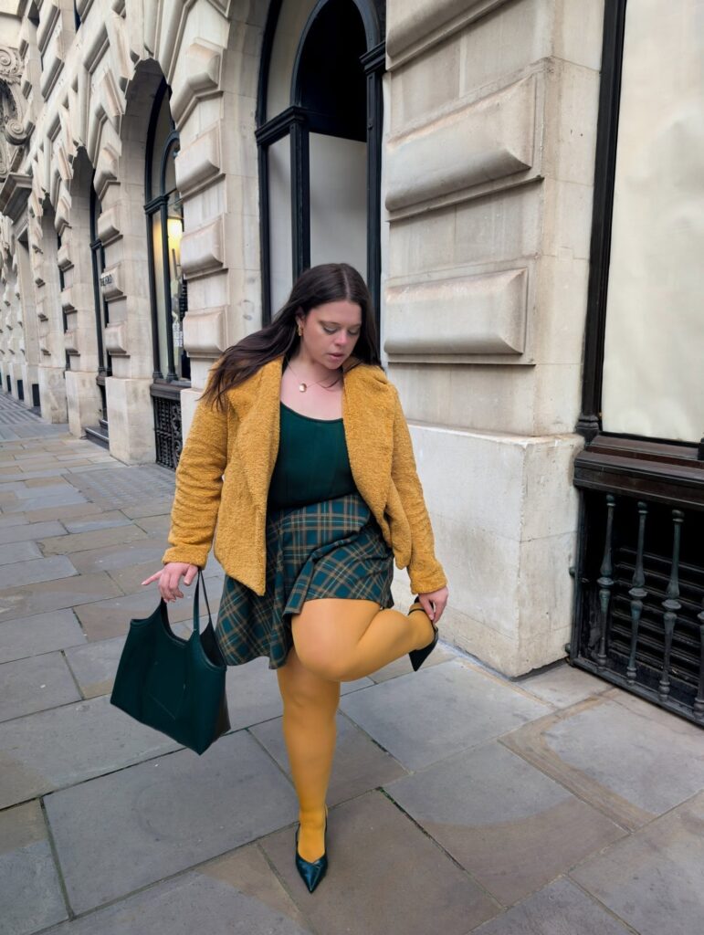 Plaid Mini Skirt With Mustard Tights and a Teddy Jacket