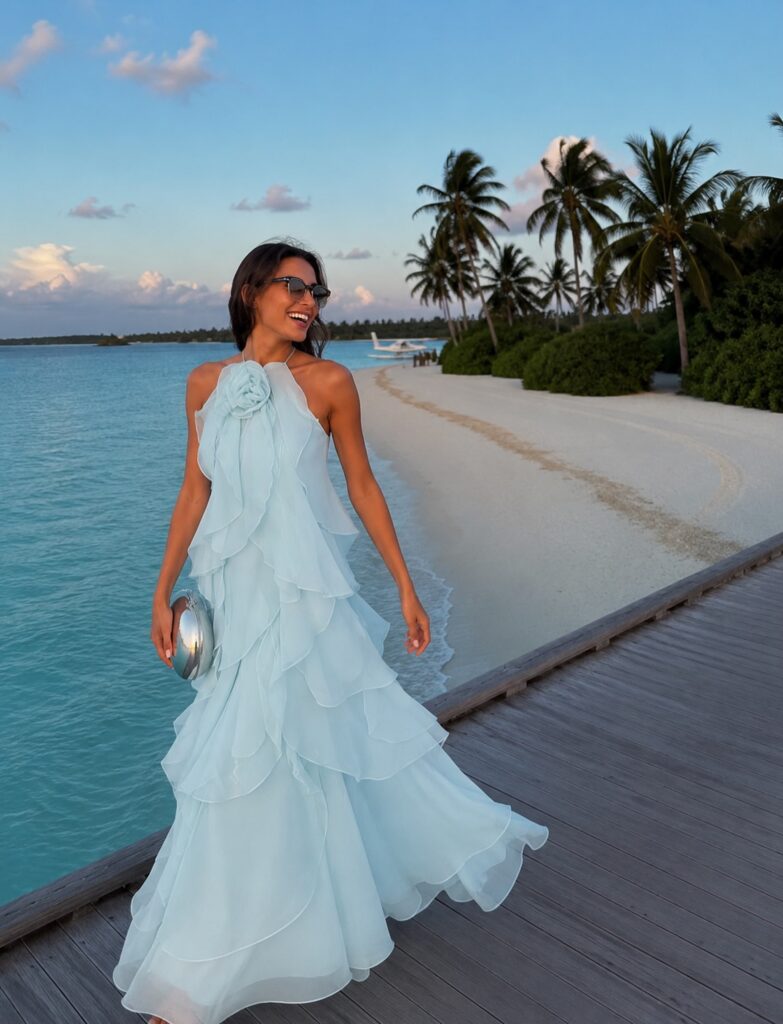 Powder Blue Ruffle Maxi Dress With a Silver Clutch