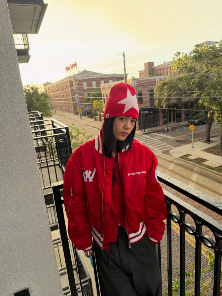 Red Bomber Jacket With a Matching Beanie
