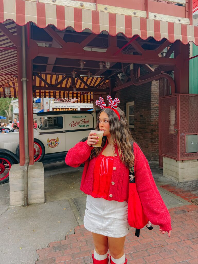 Red Knit Layers With a White Mini Skirt