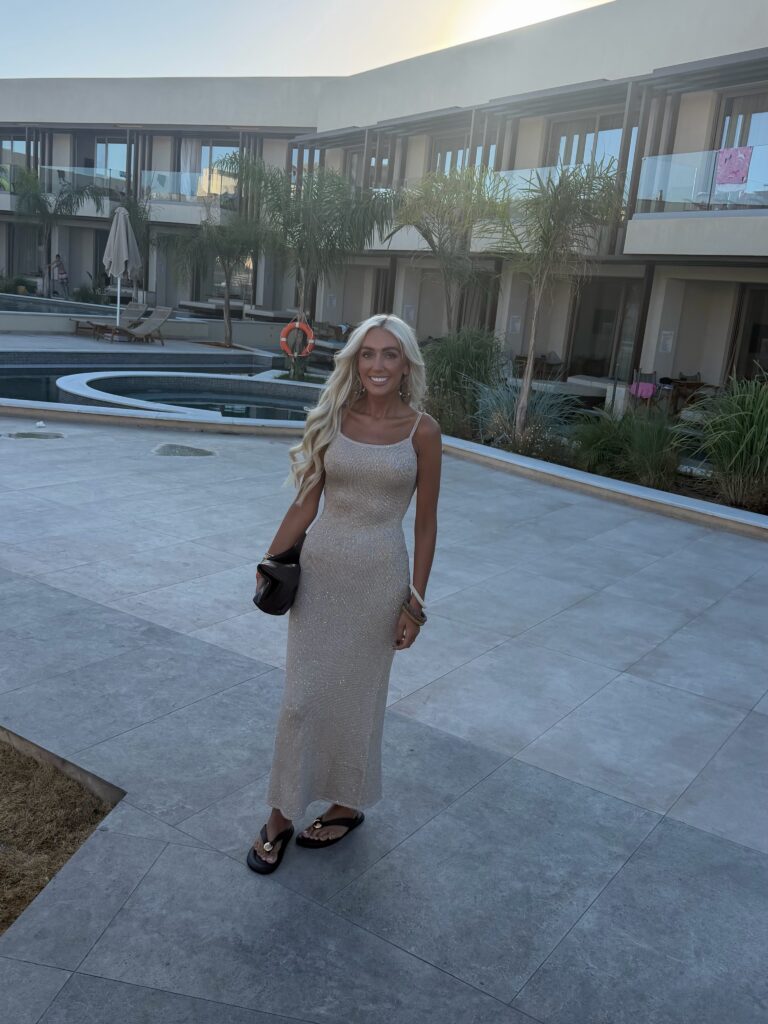 Sparkly Neutral Maxi Dress With Flat Sandals