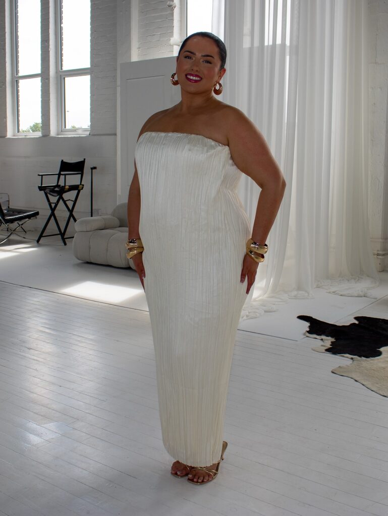Strapless Ivory Maxi Dress With Gold Accessories