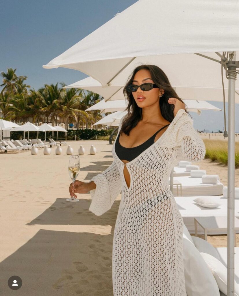 White Crochet Maxi Cover-Up Over a Black Bikini