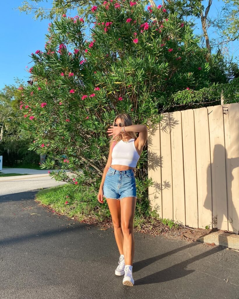 White Tank With Denim Shorts and White Trainers